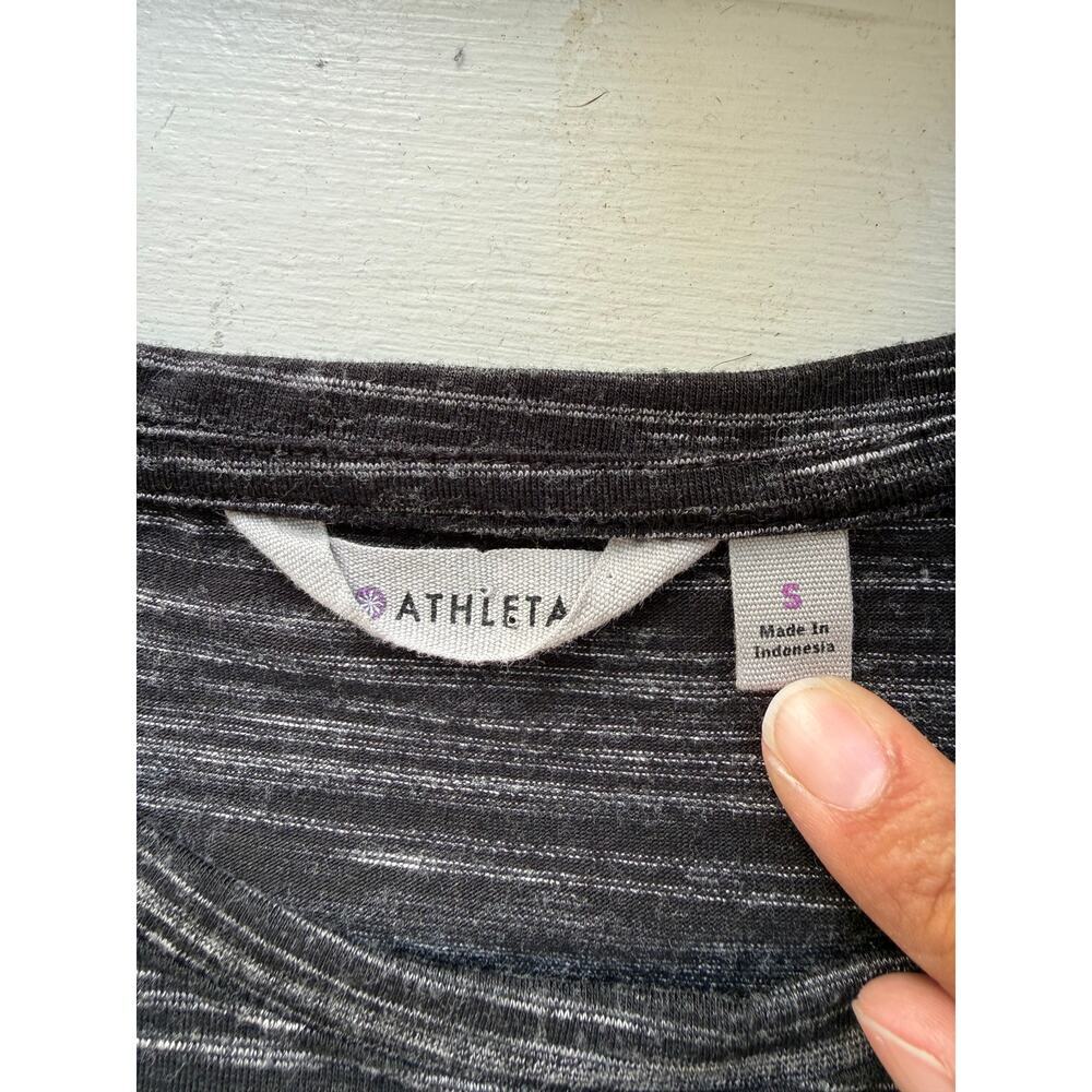 Athleta Black Gray Striped Ruched Asymmetrical Maxi Dress Short Sleeve S - Picture 3 of 5